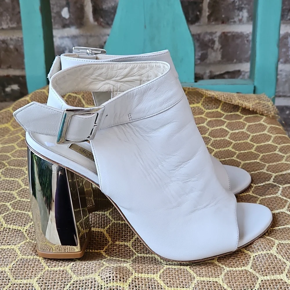 Dee Keller White Chunky Mirrored Leather Heel Booties